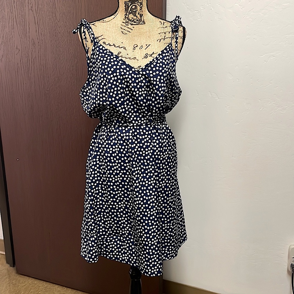 Navy blue with white flowers, spaghetti tie straps, tie waist, mini dress